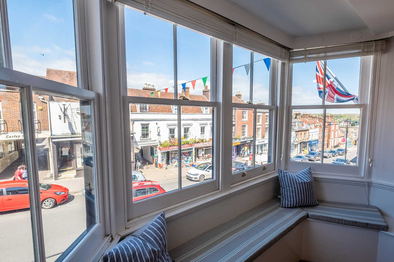 Views over the historic High Street from the large bay window seat